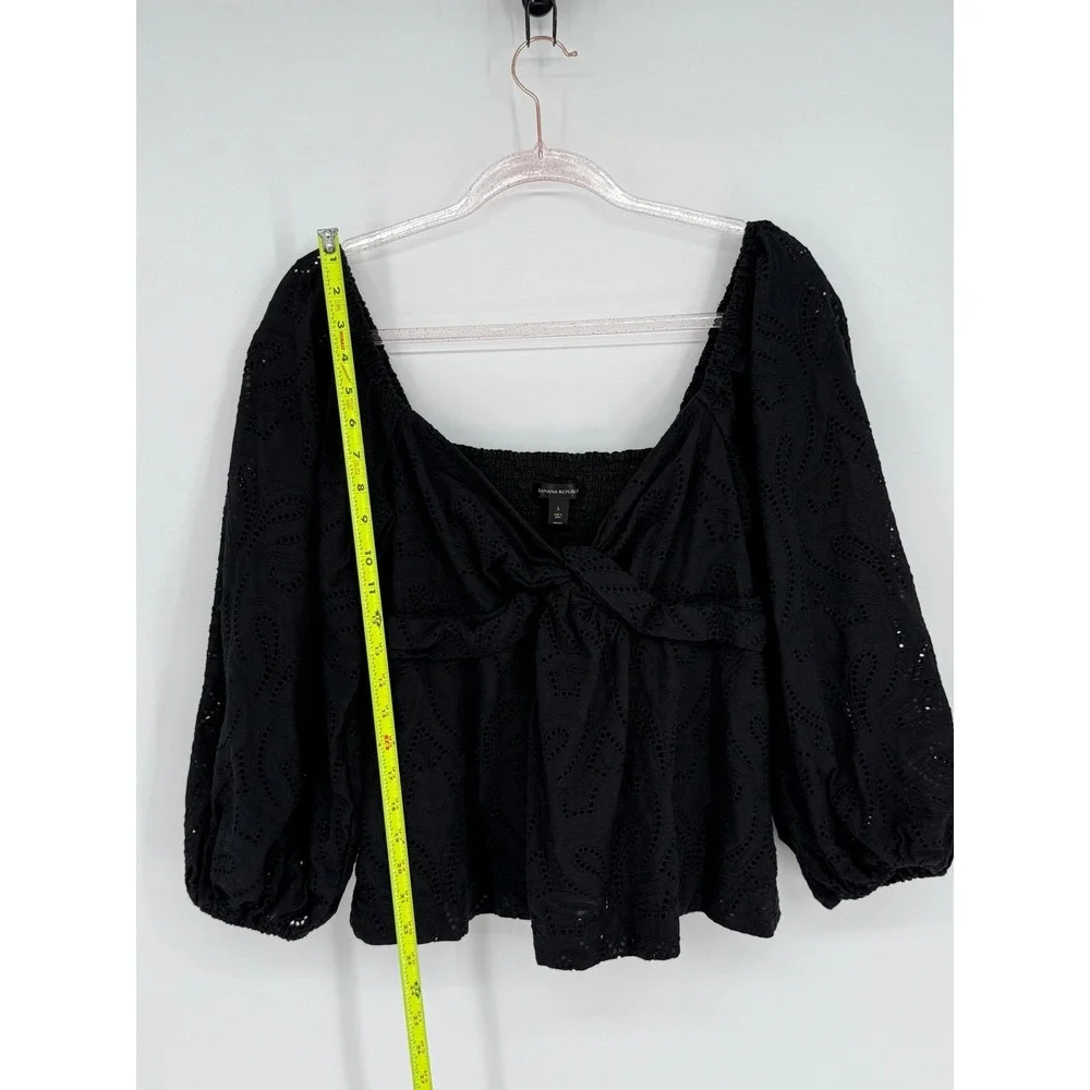 Banana Republic Black Eyelet Smocked Peasant Blouse Square Neck‎ Top Sz L